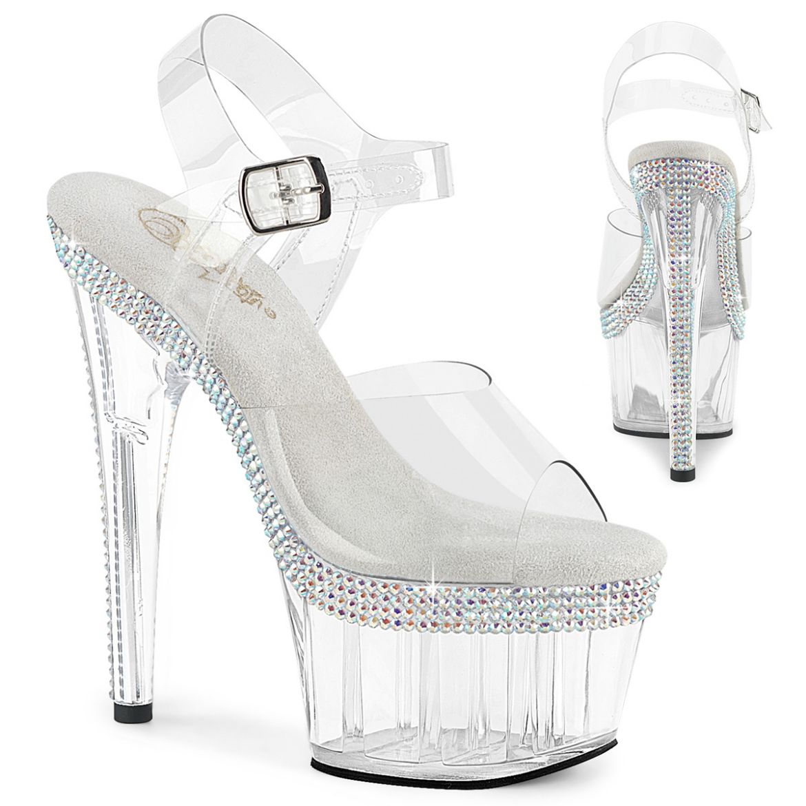Product image of Pleaser ADORE-708MLS Clr/Clr 7 Inch Heel 2 3/4 Inch PF Ankle Strap Sandal w/ RS Lines