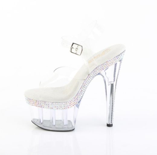 Product image of Pleaser ADORE-708MLS Clr/Clr 7 Inch Heel 2 3/4 Inch PF Ankle Strap Sandal w/ RS Lines