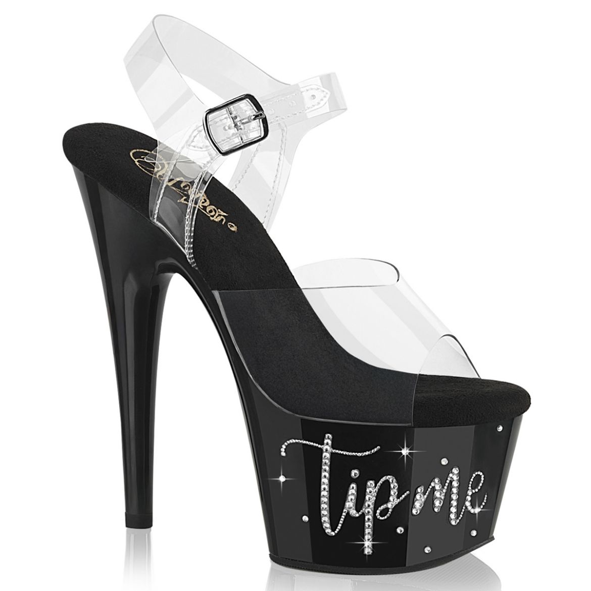 Product image of Pleaser ADORE-708TIP-02 Clr/Blk-Slv RS 7 Inch Heel 2 3/4 Inch PF Ankle Strap Sandal w/ RS