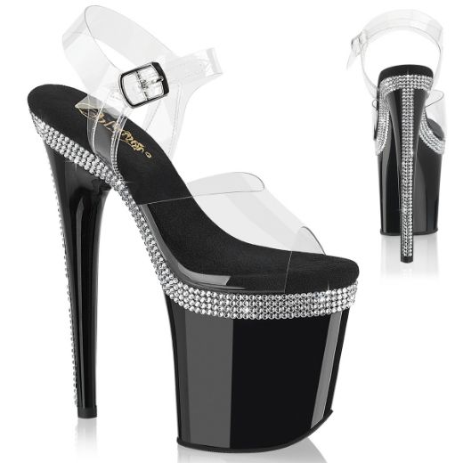 Product image of Pleaser FLAMINGO-808MLS Clr/Blk 8 Inch Heel 4 Inch PF Ankle Strap Sandal w/ RS Lines
