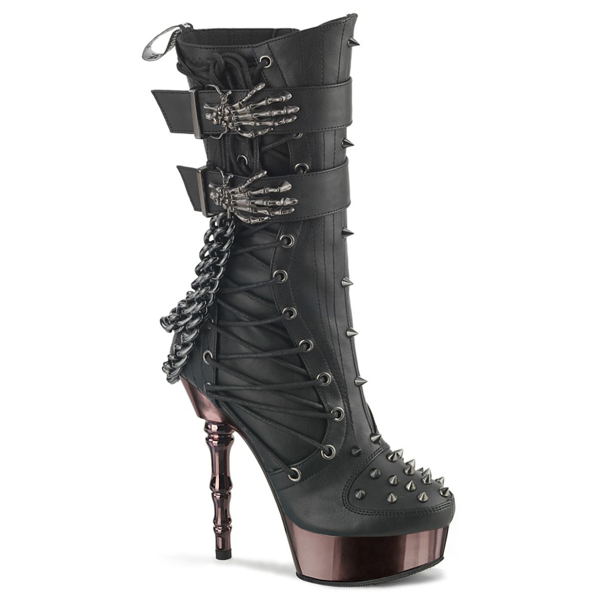 Product image of Demoniacult MUERTO-159 Blk Vegan Leather/Pewter Chrome 5 1/2 Inch Finger Bone Heel 1 1/2 Inch PF Mid-Calf Boot Side Zip