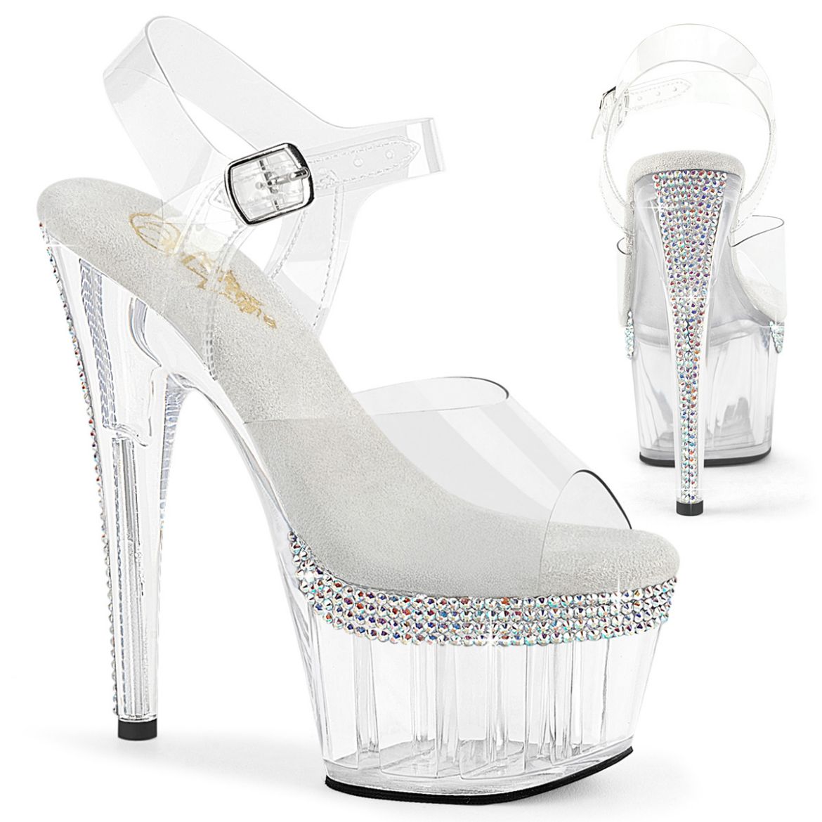 Product image of Pleaser ADORE-708PHRS Clr/Clr 7 Inch Heel 2 3/4 Inch PF Ankle Strap Sandal w/ RS Lines